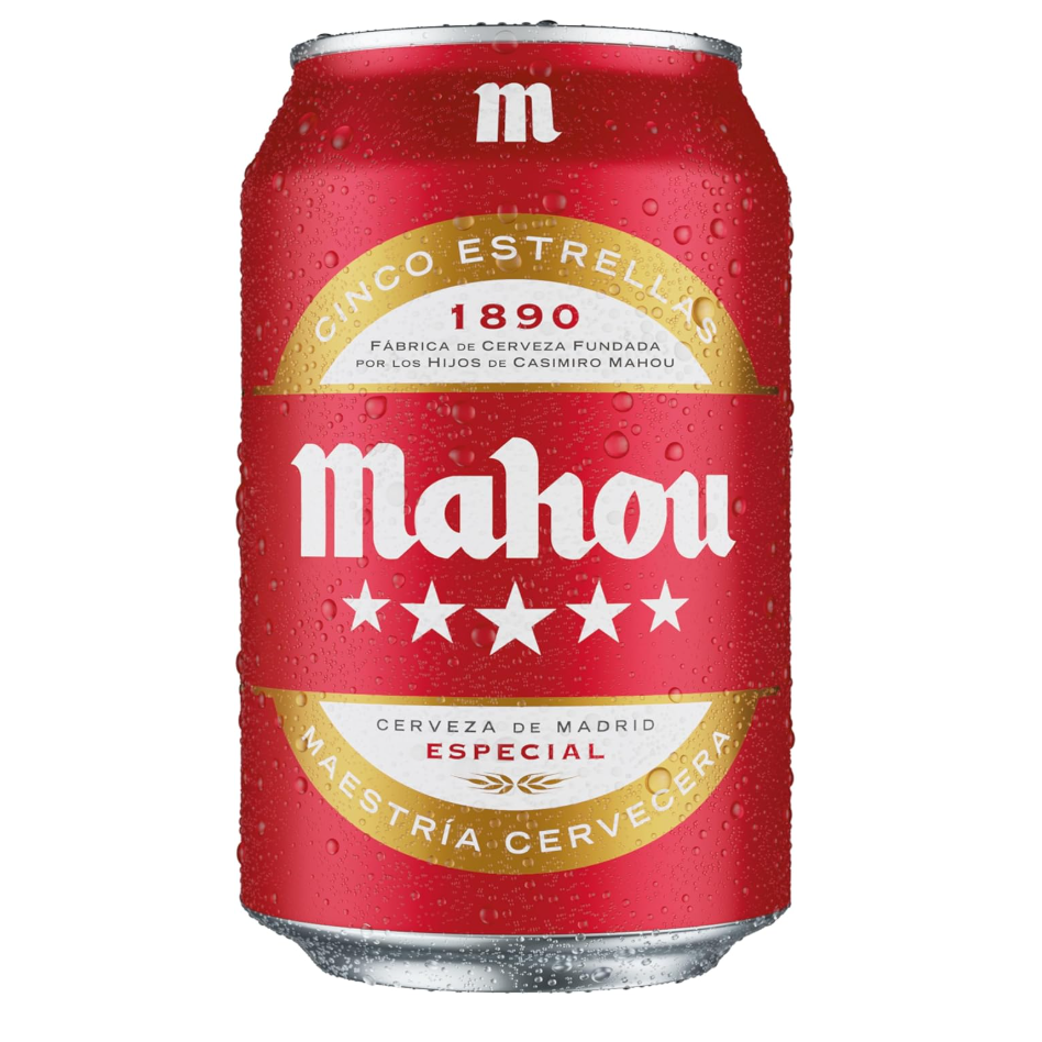 Mahou 5 Estrellas, Pack de 24 Latas x 33 cl, Cerveza Especial Dorada Lager