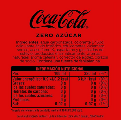 Coca-Cola Zero Azúcar, Refresco de Cola sin Azúcar, sin Calorías