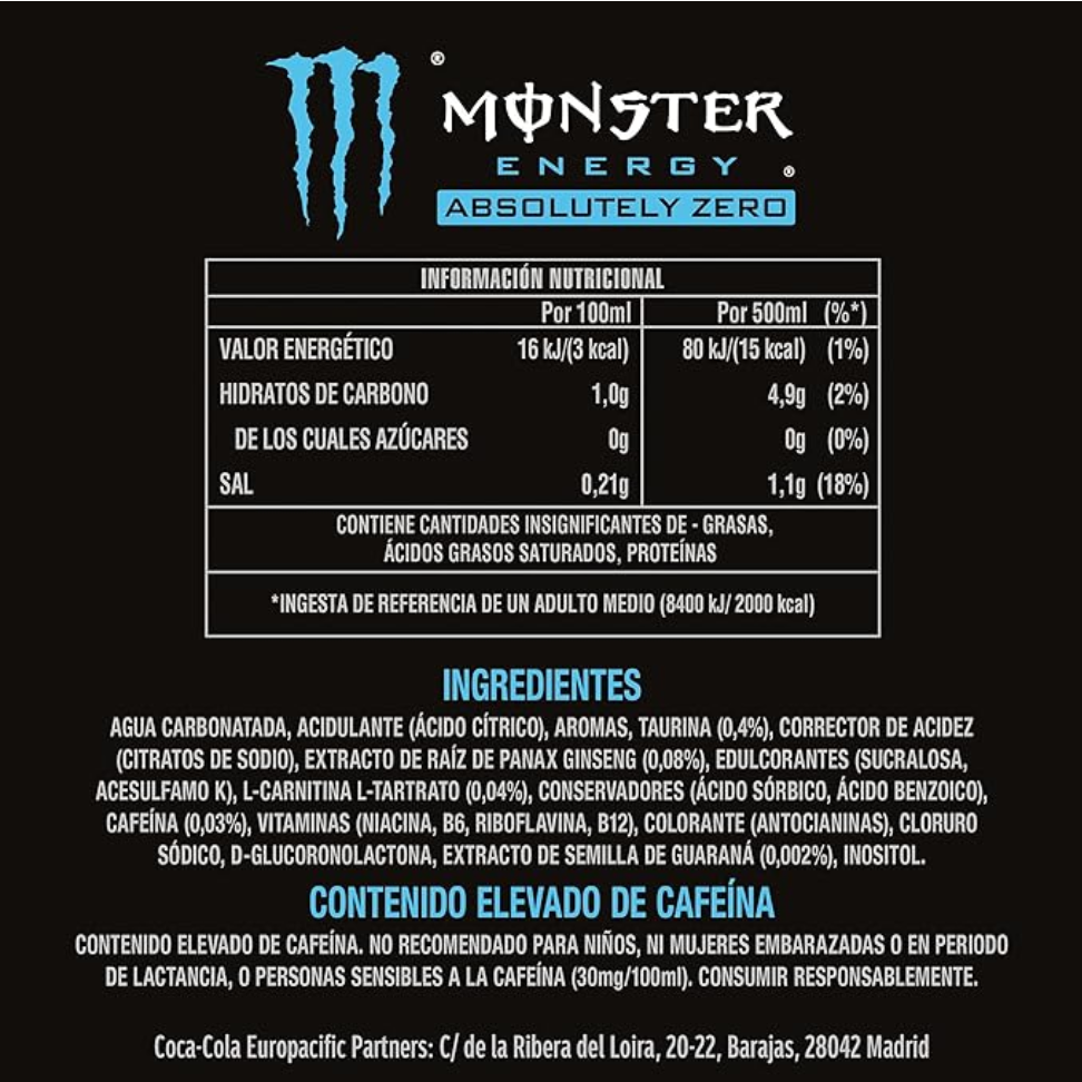 MONSTER ABSOLUTELY ZERO 500ML Bebida energética 500ml